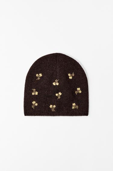 FLORAL EMBROIDERED KNIT BEANIE HAT - Brown by Zara