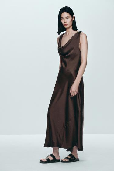 ZW COLLECTION LONG SATIN DRESS - Brown by Zara