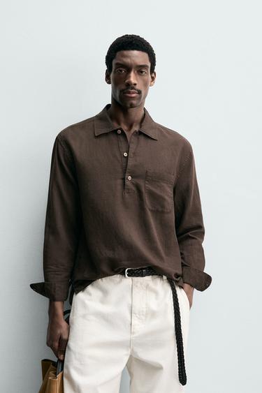 LINEN/COTTON POLO SHIRT - Brown by Zara