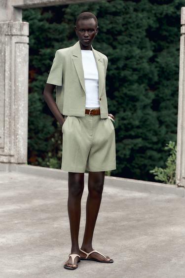 SHORT SLEEVE LINEN BLEND BLAZER - Light khaki by Zara