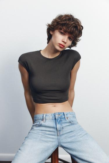 COTTON MODAL CROPPED T-SHIRT - Dark brown by Zara
