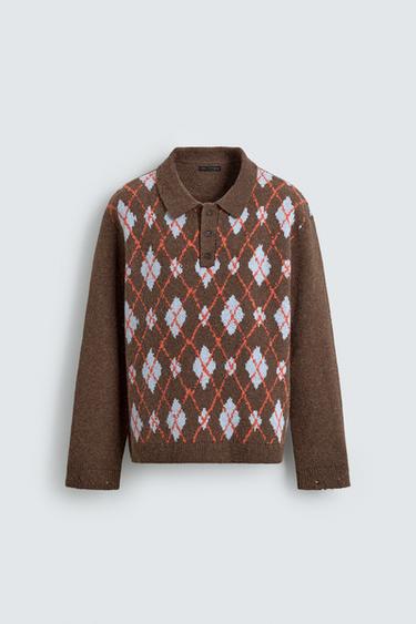 KNIT ARGYLE POLO SHIRT WITH RIPPED EFFECT - Brown by Zara