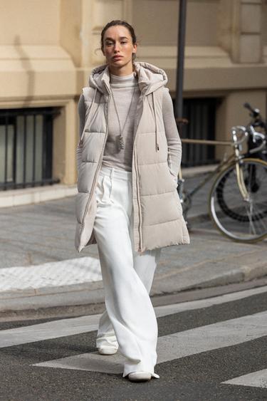 LONG QUILTED GILET WITH HOOD - Ecru by Zara
