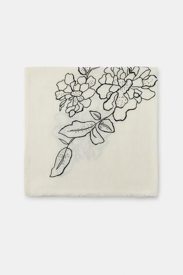 EMBROIDERED LINEN BLEND SCARF - Ecru by Zara