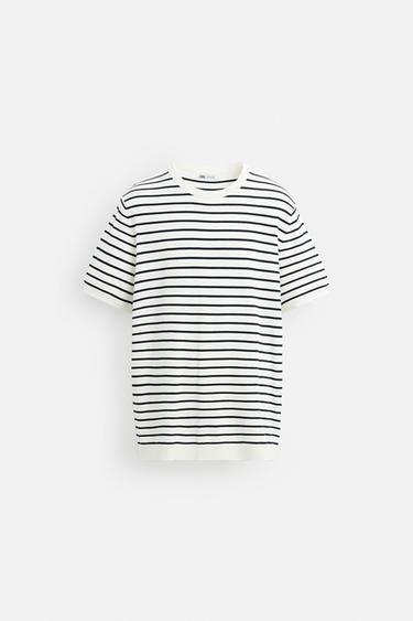 VISCOSE BLEND KNIT T-SHIRT - Ecru / Blue by Zara