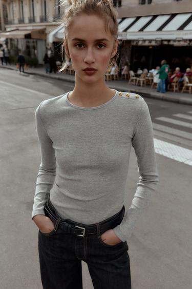 RIBBED T-SHIRT WITH BUTTONS - Grey marl by Zara