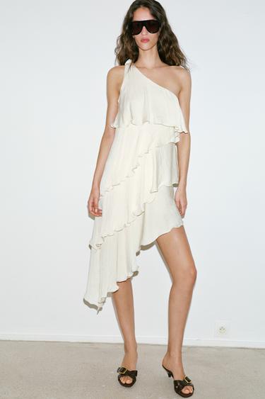 DRESS WITH RUFFLES AND KNOT - Ecru by Zara