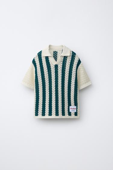 STRIPED FOOTBALL KNIT POLO SHIRT - Ecru / Blue by Zara
