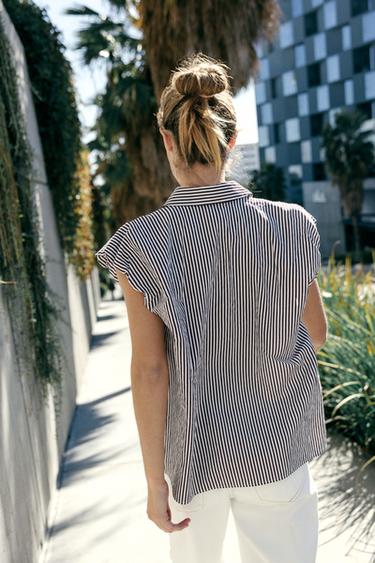PUFF SLEEVE SHIRT - Brown Stripes by Zara