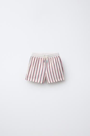 2-6 YEARS / STRIPED TEXTURED SWIM SHORTS - Ecru / Green by Zara