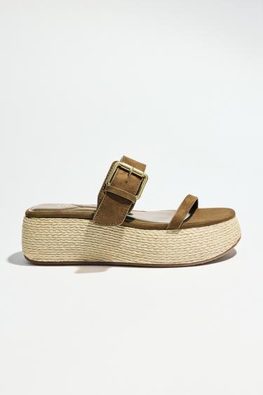 STRAPPY RAFFIA-EFFECT PLATFORM SANDALS - Khaki Green by Zara