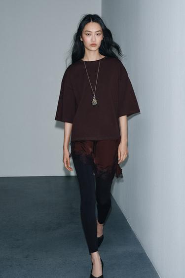 COMBINED LACE T-SHIRT - Chocolate by Zara