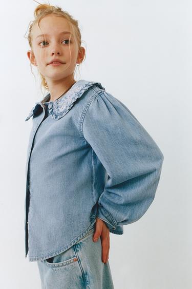 DENIM SHIRT WITH EMBROIDERED FLOWERS ON THE COLLAR - Blue by Zara