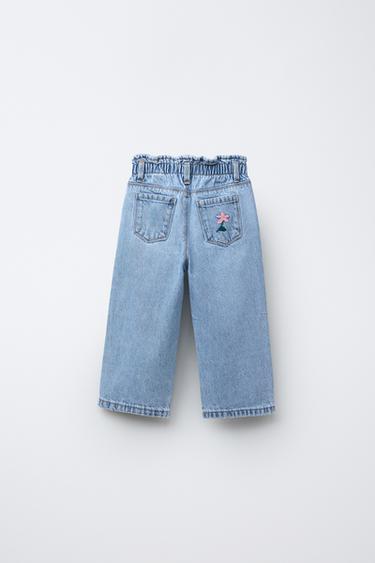 EMBROIDERED FLORAL PAPERBAG JEANS - Blue by Zara