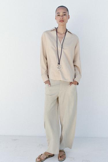 BALLOON LINEN BLEND TROUSERS - Sand by Zara