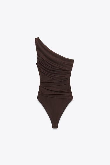ASYMMETRIC DRAPED TULLE BODYSUIT - Dark brown by Zara