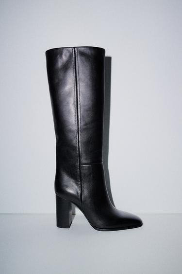 LEATHER HIGH-HEEL KNEE-HIGH BOOTS - Black by Zara