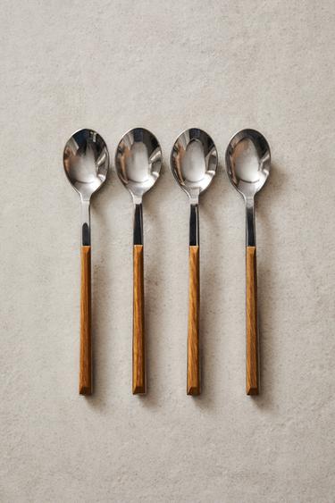 PACK OF DESSERT SPOONS WITH WOOD-EFFECT HANDLES (SET OF 4) - Brown by Zara