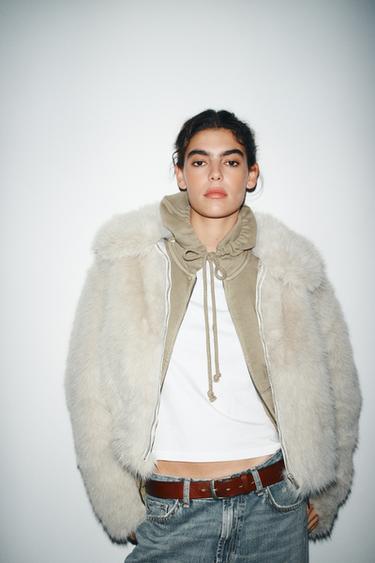 SHORT FAUX FUR COAT WITH ZIP - Grey by Zara