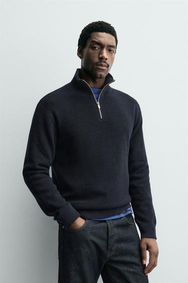 WOOL BLEND ZIP-UP JUMPER - Navy blue by Zara