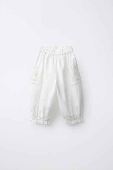 EMBROIDERED JOGGERS WITH COTTON BLEND AND LINEN - Oyster-white by Zara