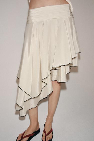 ZW COLLECTION ASYMMETRIC RUFFLE SKIRT - Beige / Green by Zara