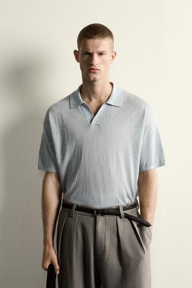 100% LINEN RELAXED FIT KNIT POLO SHIRT - Pastel blue by Zara