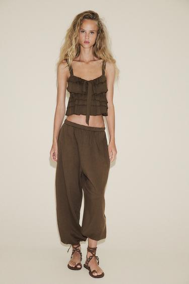 RUFFLED TOP WITH BOW - Brown by Zara - Image 0