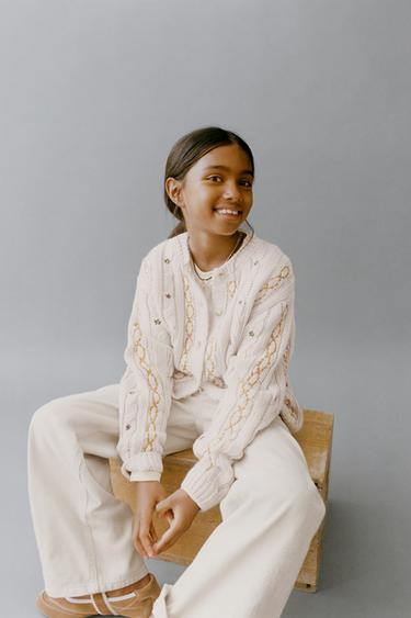 EMBROIDERED CABLE-KNIT CARDIGAN - Mid-ecru by Zara