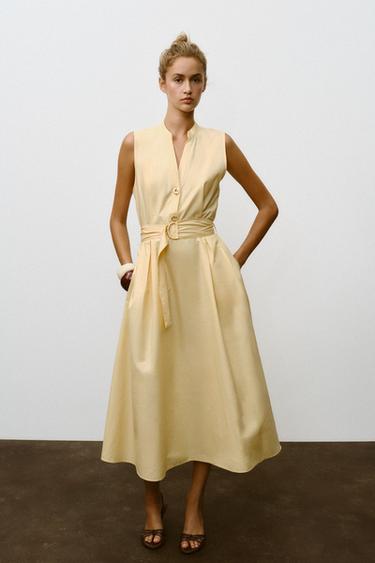 POPLIN MIDI DRESS WITH BELT - Butter by Zara