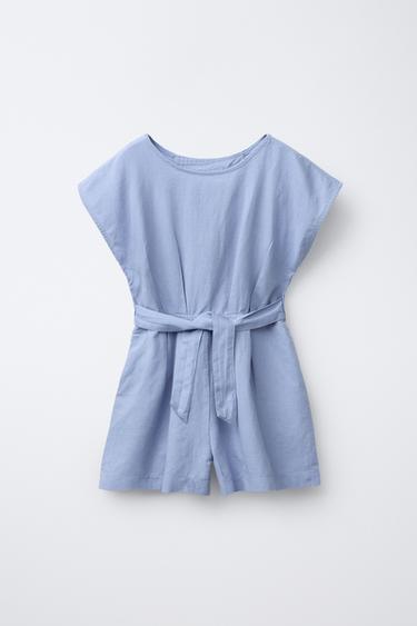 LINEN-BLEND PLAYSUIT WITH BOW - Blue by Zara