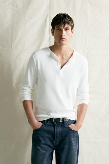 COTTON/LINEN HENLEY T-SHIRT - White by Zara