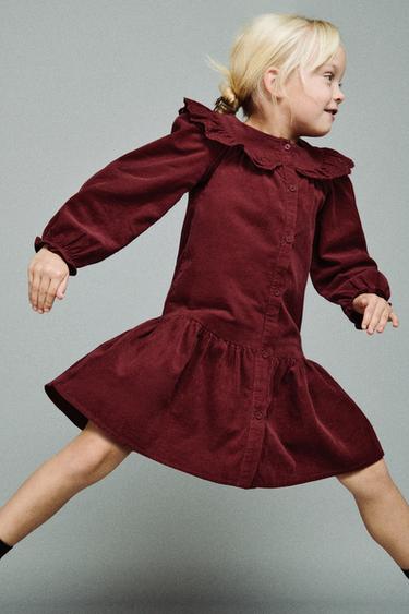 NEEDLECORD DRESS WITH RUFFLE SCHIFFLI EMBROIDERY - Burgundy by Zara