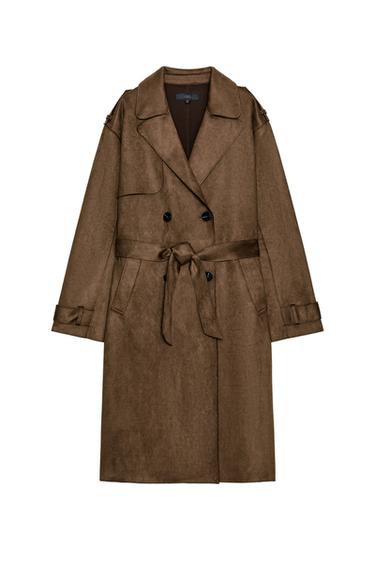 LONG FAUX SUEDE TRENCH COAT WITH BELT - Brown by Zara
