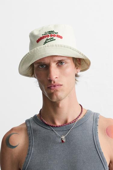 CONTRAST EMBROIDERY BUCKET HAT - Ecru by Zara - Image 0