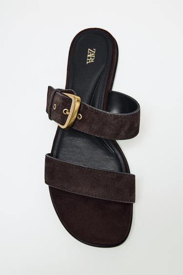 BUCKLED FLAT SPLIT SUEDE SANDALS - Brown by Zara