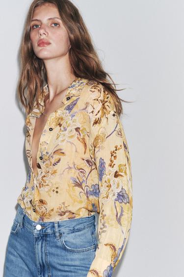 100% RAMIE PRINTED SHIRT ZW COLLECTION - Yellow by Zara