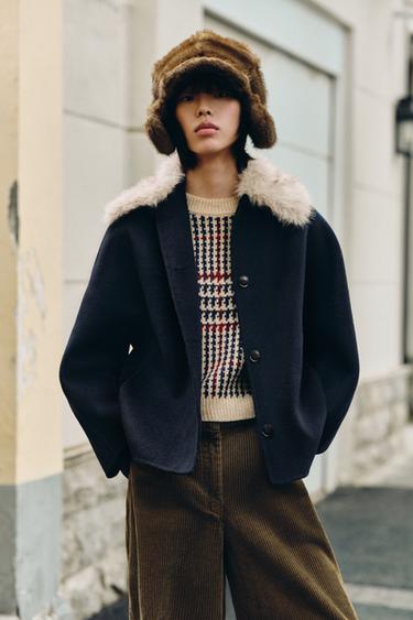 WOOL JACKET WITH FAUX FUR COLLAR ZW COLLECTION - Navy blue by Zara