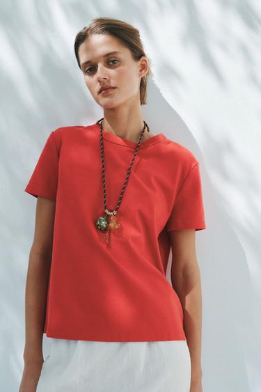 SHORT SLEEVE INTERLOCK T-SHIRT - Red by Zara