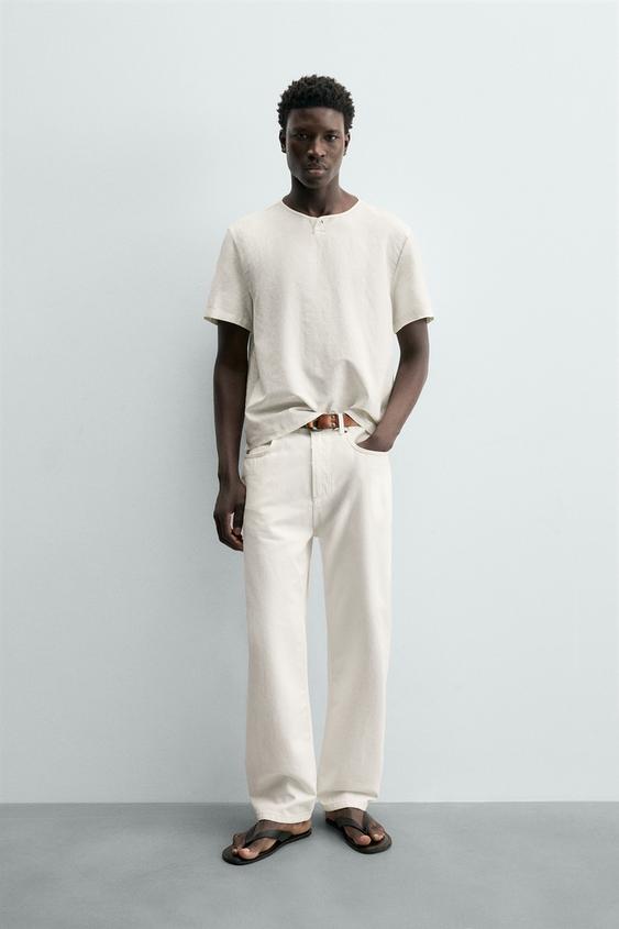 HEMP AND COTTON HENLEY SHIRT - Oyster-white by Zara - Image 0