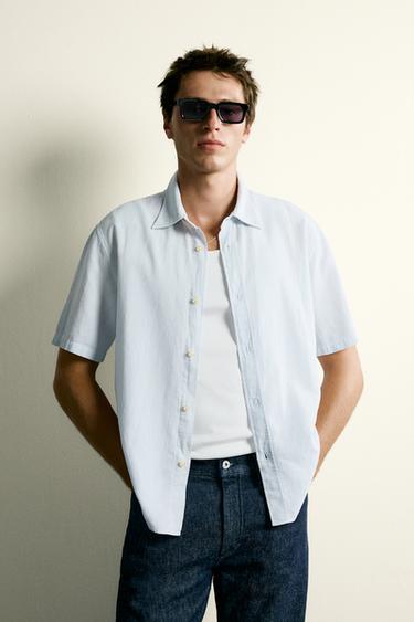 COTTON/LINEN REGULAR FIT SHIRT - Sky blue by Zara