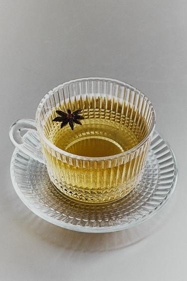 GLASS TEACUP WITH RAISED GEOMETRIC DESIGN - Transparent by Zara