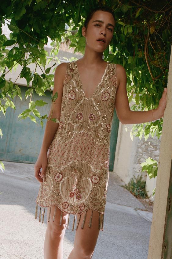 LIMITED EDITION BEADED SEQUINNED FRINGED DRESS - Grey / Tan by Zara - Image 0