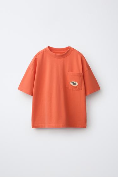 WASHED-EFFECT T-SHIRT WITH POCKET AND EMBROIDERED LOGO - Orange by Zara