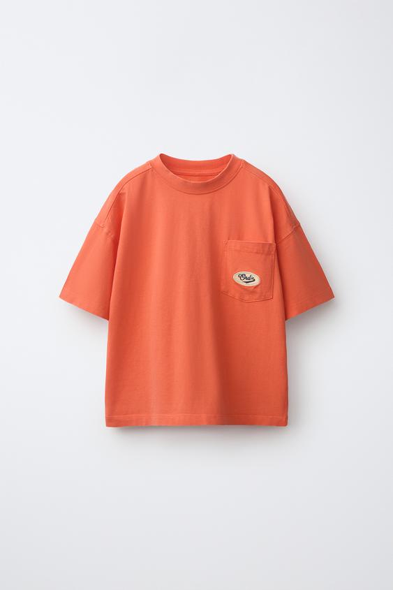 WASHED-EFFECT T-SHIRT WITH POCKET AND EMBROIDERED LOGO - Orange by Zara - Image 0