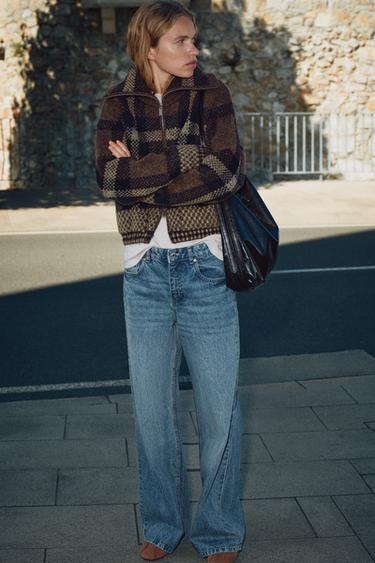 CHECKED KNIT BOMBER JACKET - Brown / Ecru by Zara - Image 0