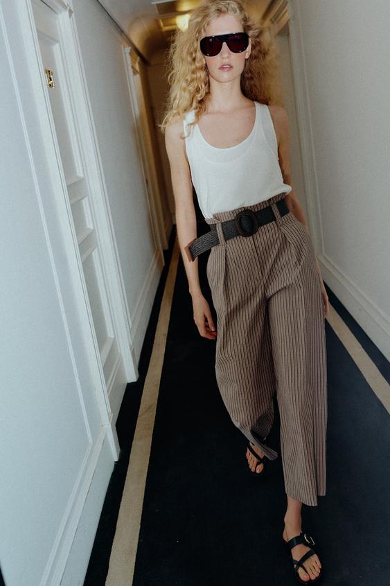 STRIPED TROUSERS WITH BELT - Brown by Zara - Image 0