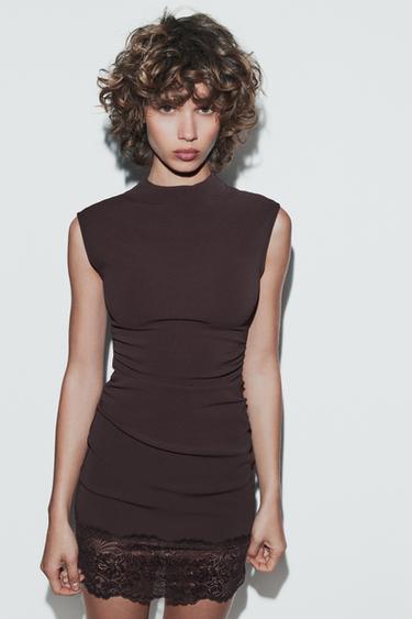 STRETCH LACE SHORT DRESS - Dark brown by Zara