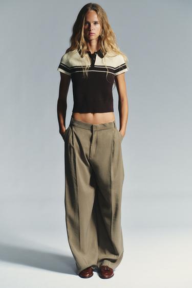 SHORT SLEEVE RIB KNIT POLO SHIRT - Brown / Ecru by Zara