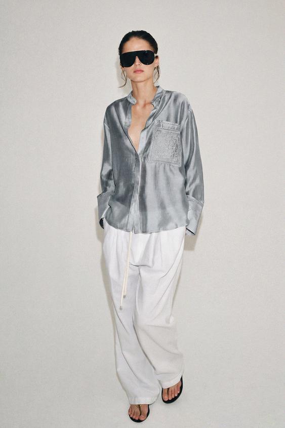 ZW COLLECTION EMBROIDERED POCKET SHIRT - Blue grey by Zara - Image 0
